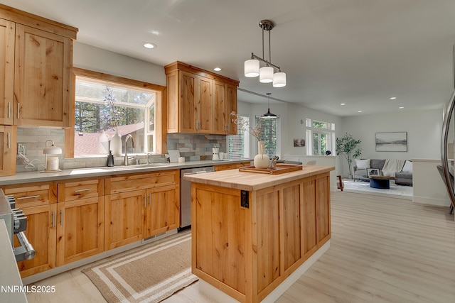 471 Kent Way, Zephyr Cove, NV 89448 - kitchen with a sink, dishwasher, butcher block countertops, backsplash, and recessed lighting