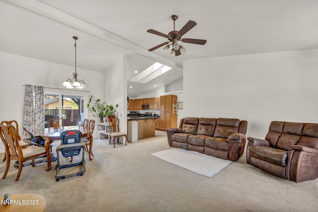 753 Divot Dr, Fernley, NV 89408 - living area featuring a ceiling fan, light carpet, a chandelier, recessed lighting, and high vaulted ceiling