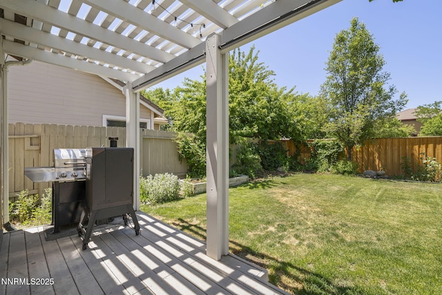 9783 Northrup Dr, Reno, NV 89521 - wooden terrace with a fenced backyard, a pergola, and grilling area