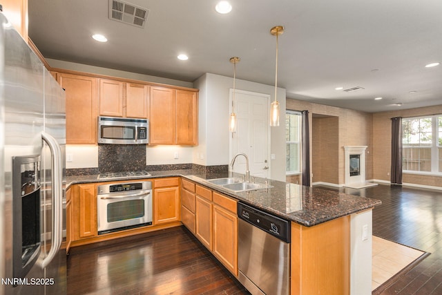 1875 Wind Ranch Rd Unit A, Reno, NV 89521 - kitchen featuring stainless steel appliances, a sink, open floor plan, a peninsula, and dark wood-style flooring