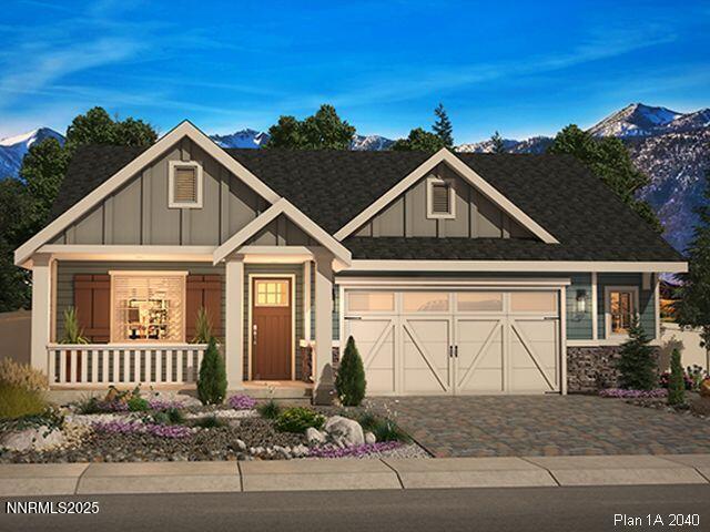 1620 Delta Downs Dr Unit 67, Minden, NV 89423 - view of front of home featuring board and batten siding, a garage, a porch, and a mountain view