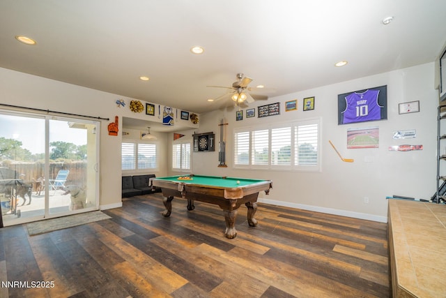 211 Jimmys Peak Ct, Fernley, NV 89408 - game room with billiards table, baseboards, recessed lighting, a ceiling fan, and dark wood finished floors