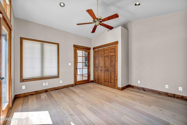 4215 Wild Eagle Ter, Reno, NV 89511 - entryway featuring a ceiling fan, light wood-style flooring, plenty of natural light, lofted ceiling, and recessed lighting
