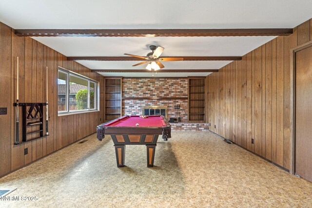 1495 Lillian Way, Reno, NV 89509 - playroom featuring wooden walls, beam ceiling, billiards, a ceiling fan, and built in shelves