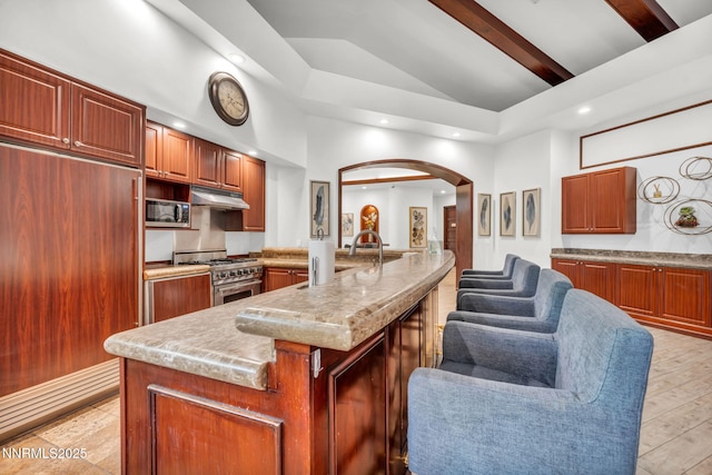 900 S Meadows Pkwy Unit 2623, Reno, NV 89521 - kitchen featuring recessed lighting, appliances with stainless steel finishes, arched walkways, under cabinet range hood, and high vaulted ceiling