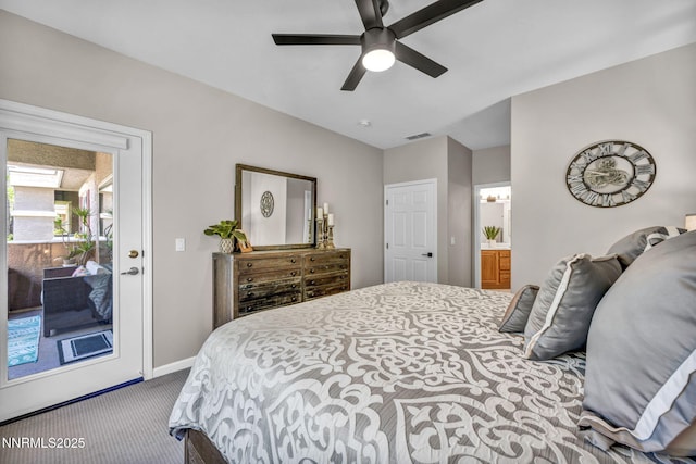 900 S Meadows Pkwy Unit 2623, Reno, NV 89521 - bedroom with carpet flooring, access to exterior, baseboards, a ceiling fan, and connected bathroom