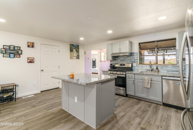 8725 Paloma Way, Reno, NV 89506 - kitchen featuring stainless steel appliances, gray cabinets, a sink, light wood-style floors, and recessed lighting