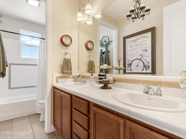 7693 Stone Bluff Way, Reno, NV 89523 - full bath with toilet, double vanity, shower / bathtub combination with curtain, and tile patterned flooring