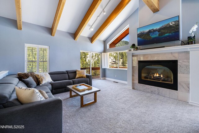 1314 Saint Gallen Ct, Incline Village, NV 89451 - living area featuring beamed ceiling, carpet flooring, a high end fireplace, high vaulted ceiling, and plenty of natural light