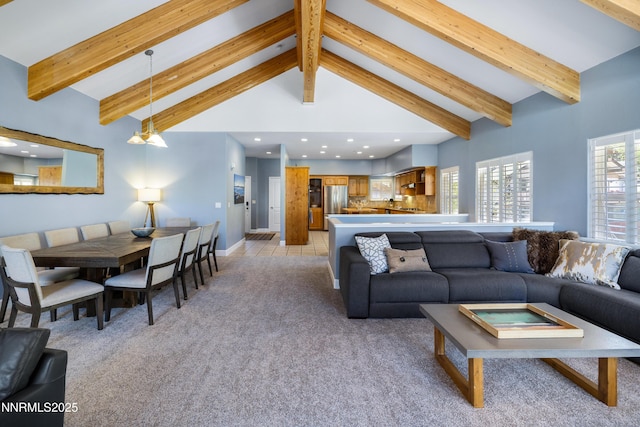 1314 Saint Gallen Ct, Incline Village, NV 89451 - living area featuring light colored carpet, beam ceiling, recessed lighting, baseboards, and high vaulted ceiling