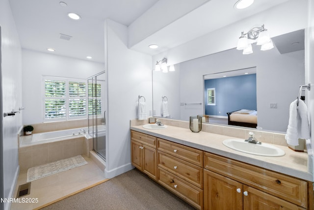 1314 Saint Gallen Ct, Incline Village, NV 89451 - ensuite bathroom featuring double vanity, a bath, a shower stall, tile patterned floors, and recessed lighting