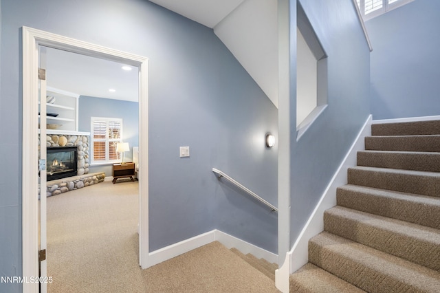 1314 Saint Gallen Ct, Incline Village, NV 89451 - stairs featuring carpet floors, baseboards, a fireplace, and recessed lighting