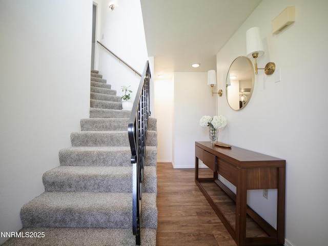 5026 Snowy Mountain Dr, Winnemucca, NV 89445 - stairs featuring wood finished floors, baseboards, and recessed lighting