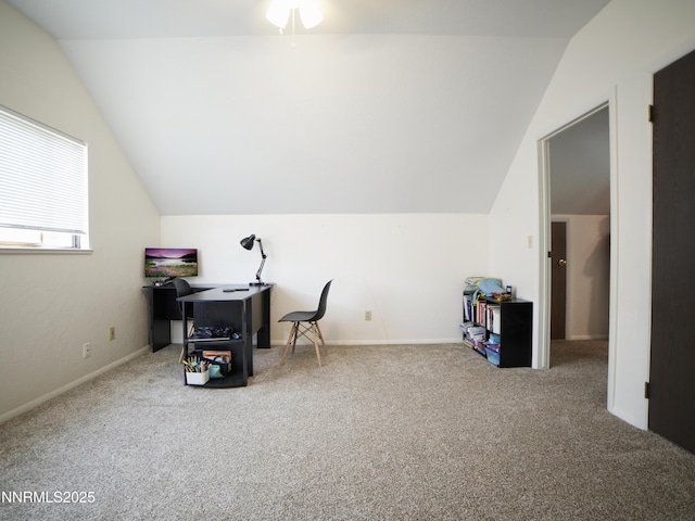 5026 Snowy Mountain Dr, Winnemucca, NV 89445 - home office featuring lofted ceiling, carpet flooring, and baseboards
