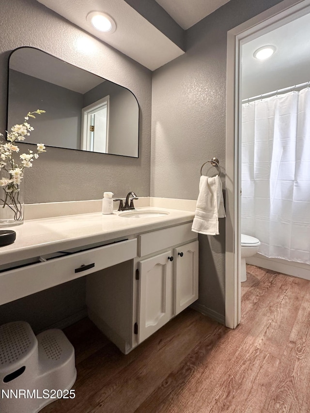 5026 Snowy Mountain Dr, Winnemucca, NV 89445 - bathroom featuring wood finished floors, a textured wall, toilet, vanity, and a shower with shower curtain