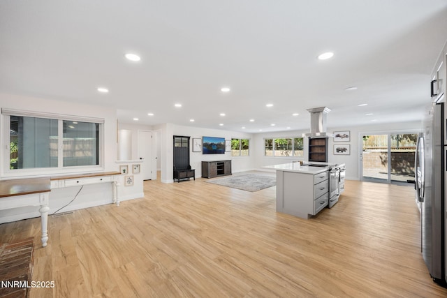 1901 S Marsh Ave, Reno, NV 89509 - kitchen featuring appliances with stainless steel finishes, recessed lighting, light wood finished floors, open floor plan, and a fireplace