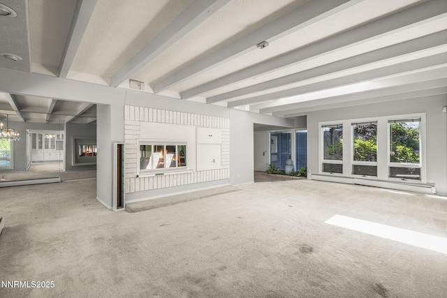 1405 Dartmouth Dr, Reno, NV 89509 - unfurnished living room featuring carpet flooring, beamed ceiling, a multi sided fireplace, a baseboard radiator, and baseboard heating