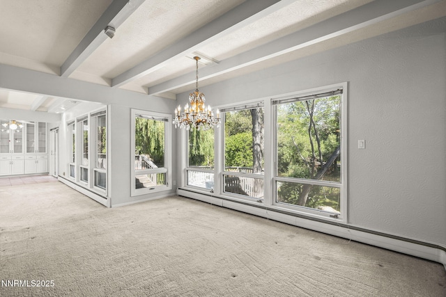 1405 Dartmouth Dr, Reno, NV 89509 - unfurnished room with a baseboard heating unit, beam ceiling, healthy amount of natural light, a chandelier, and carpet