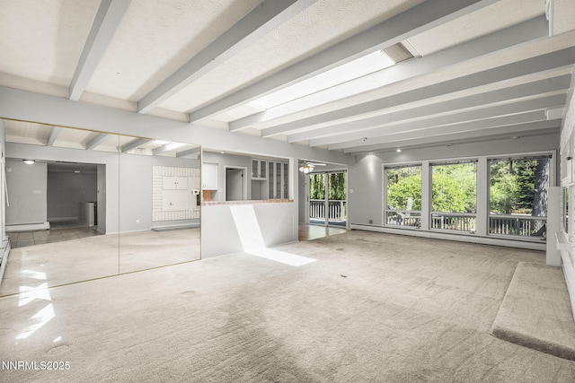 1405 Dartmouth Dr, Reno, NV 89509 - unfurnished living room featuring beamed ceiling, healthy amount of natural light, a baseboard radiator, a baseboard heating unit, and a ceiling fan