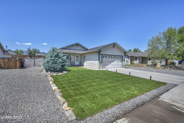 1416 Sally Ln, Gardnerville, NV 89460 - ranch-style house with an attached garage, stone siding, and concrete driveway