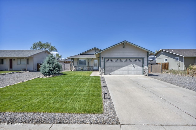 1416 Sally Ln, Gardnerville, NV 89460 - ranch-style house featuring an attached garage, concrete driveway, and stone siding