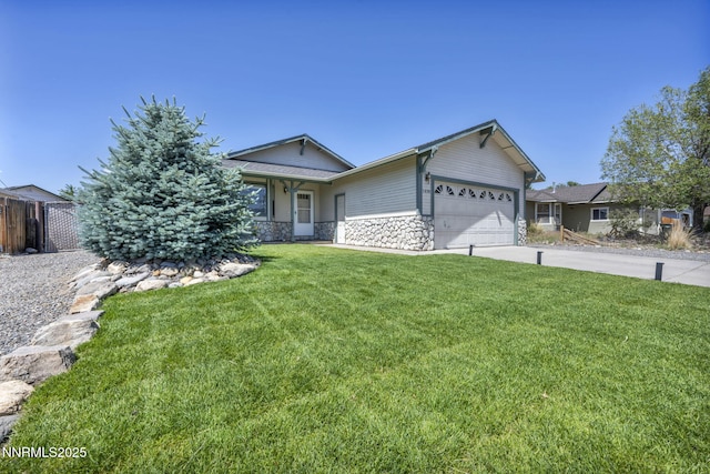 1416 Sally Ln, Gardnerville, NV 89460 - ranch-style home with an attached garage, stone siding, and concrete driveway