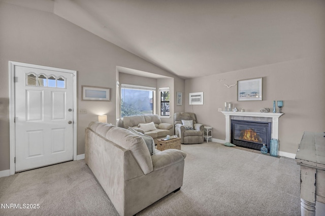 1416 Sally Ln, Gardnerville, NV 89460 - living room with light carpet, vaulted ceiling, a fireplace, and baseboards