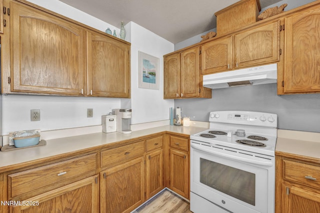 1416 Sally Ln, Gardnerville, NV 89460 - kitchen with electric stove, under cabinet range hood, light countertops, and light wood-style flooring