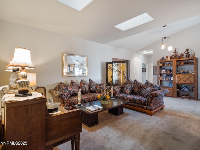1037 Haystack Dr, Carson City, NV 89705 - living area with a skylight, vaulted ceiling, and carpet flooring