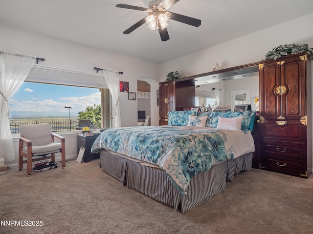 1037 Haystack Dr, Carson City, NV 89705 - bedroom with light colored carpet, arched walkways, and ceiling fan