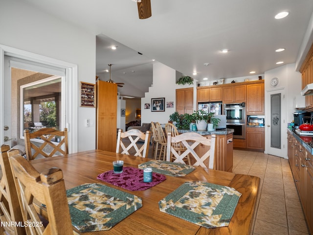 1037 Haystack Dr, Carson City, NV 89705 - dining room with recessed lighting, vaulted ceiling, light tile patterned floors, and a ceiling fan