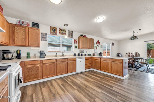 17533 Javalina Ct, Reno, NV 89508 - kitchen with white appliances, a sink, wood finished floors, a peninsula, and a textured ceiling