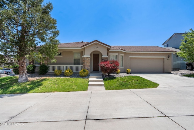 469 N Sand Crane Cir, Sparks, NV 89436 - view of front of property featuring stucco siding, an attached garage, driveway, a porch, and a front yard