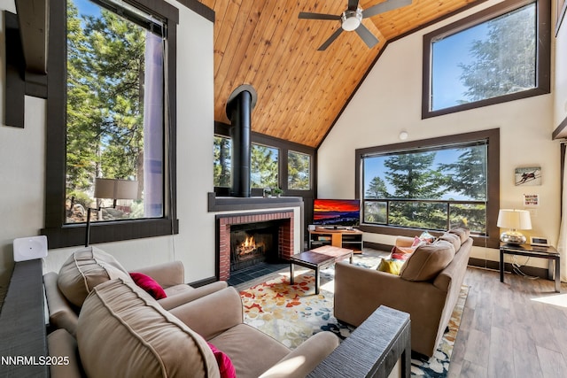340 Quaking Aspen Ln # C, Stateline, NV 89449 - living area featuring wood ceiling, high vaulted ceiling, a ceiling fan, and wood finished floors