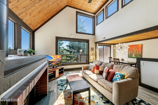 340 Quaking Aspen Ln # C, Stateline, NV 89449 - living area with wood finished floors, wood ceiling, high vaulted ceiling, a chandelier, and baseboards