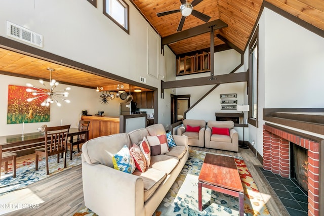 340 Quaking Aspen Ln # C, Stateline, NV 89449 - living area featuring high vaulted ceiling, wood ceiling, a fireplace, wood finished floors, and ceiling fan