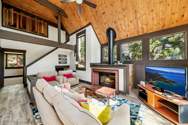 340 Quaking Aspen Ln # C, Stateline, NV 89449 - living area featuring wood ceiling, a ceiling fan, plenty of natural light, high vaulted ceiling, and a wood stove