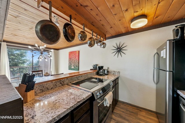 340 Quaking Aspen Ln # C, Stateline, NV 89449 - kitchen with appliances with stainless steel finishes, wood ceiling, dark wood-style floors, a chandelier, and baseboards