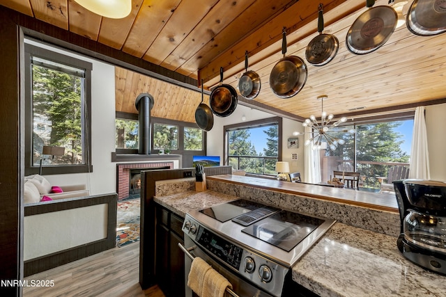340 Quaking Aspen Ln # C, Stateline, NV 89449 - kitchen with stainless steel stove, wooden ceiling, plenty of natural light, wood finished floors, and lofted ceiling