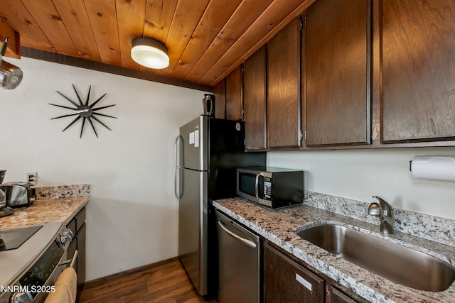 340 Quaking Aspen Ln # C, Stateline, NV 89449 - kitchen with appliances with stainless steel finishes, a sink, dark wood-style flooring, wood ceiling, and dark brown cabinets