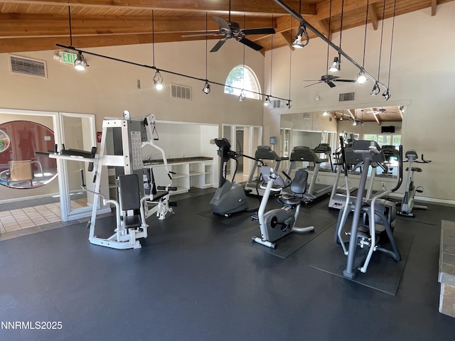 555 E Patriot Blvd, Reno, NV 89511 - exercise room featuring ceiling fan, high vaulted ceiling, and wood ceiling with exposed beams