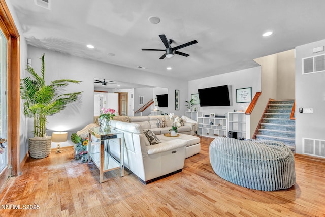 14210 Wild Quail Ct, Reno, NV 89511 - living area with ceiling fan, stairs, wood finished floors, and recessed lighting