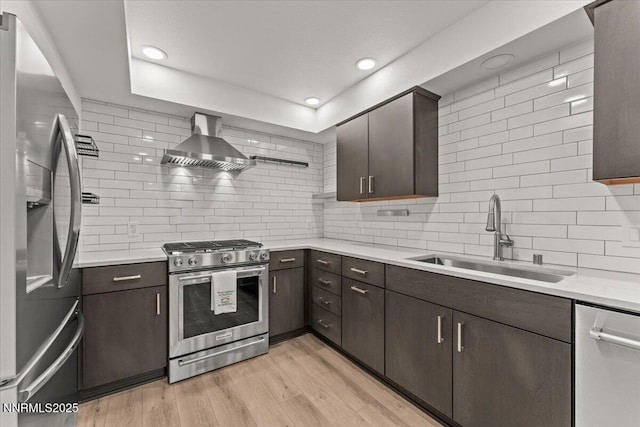 1308 Jones St, Reno, NV 89503 - kitchen with stainless steel appliances, a sink, wall chimney exhaust hood, decorative backsplash, and recessed lighting