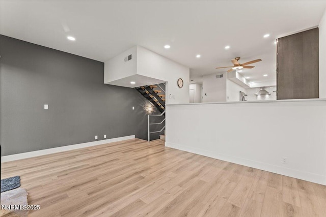 1308 Jones St, Reno, NV 89503 - unfurnished living room featuring recessed lighting, a ceiling fan, wood finished floors, baseboards, and stairs