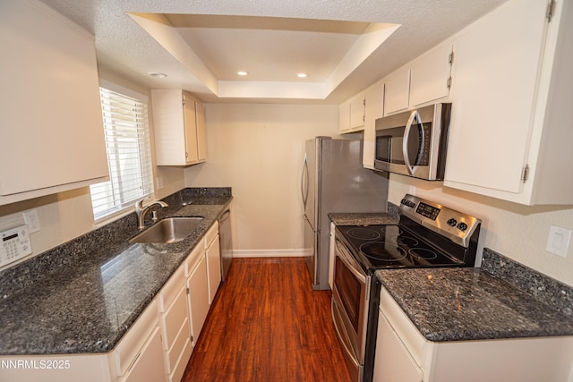 1169 Wagon Wheel Cir, Reno, NV 89503 - kitchen featuring stainless steel appliances, a tray ceiling, dark wood-style flooring, dark stone counters, and white cabinetry
