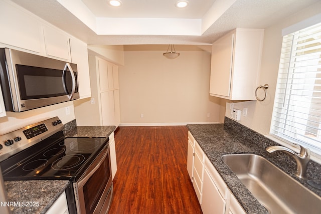1169 Wagon Wheel Cir, Reno, NV 89503 - kitchen featuring appliances with stainless steel finishes, a tray ceiling, white cabinets, plenty of natural light, and recessed lighting