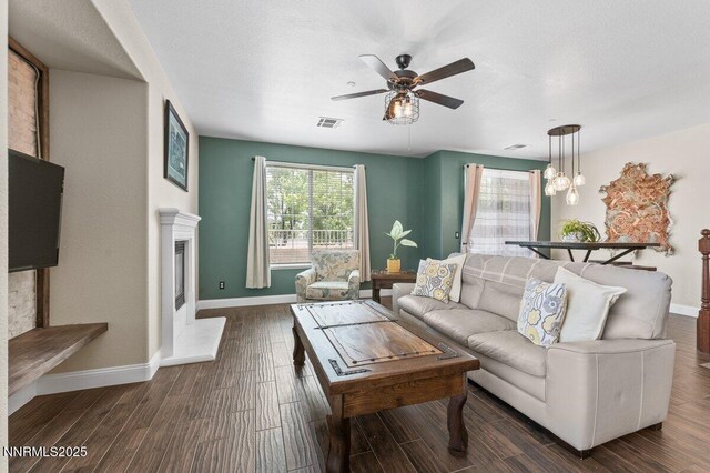 1955 Wind Ranch Rd Unit A, Reno, NV 89521 - living area featuring baseboards, ceiling fan, dark wood-style floors, and a glass covered fireplace