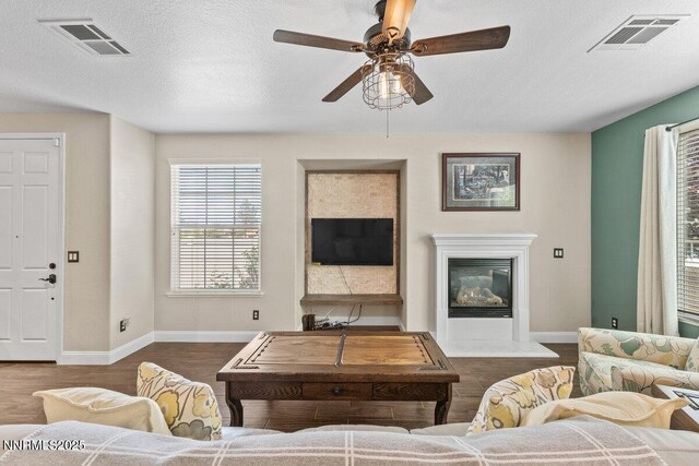 1955 Wind Ranch Rd Unit A, Reno, NV 89521 - living area featuring a ceiling fan, wood finished floors, a glass covered fireplace, baseboards, and a textured ceiling