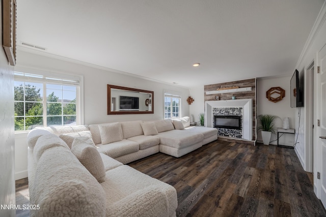 18105 Pasado Ct, Reno, NV 89508 - living room with crown molding, a fireplace, dark wood-type flooring, recessed lighting, and baseboards