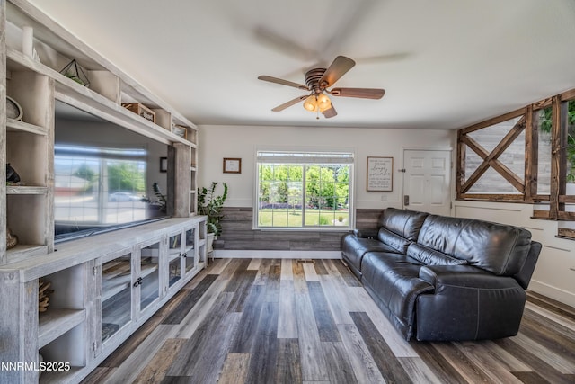 18105 Pasado Ct, Reno, NV 89508 - living room featuring ceiling fan, a wainscoted wall, and wood finished floors